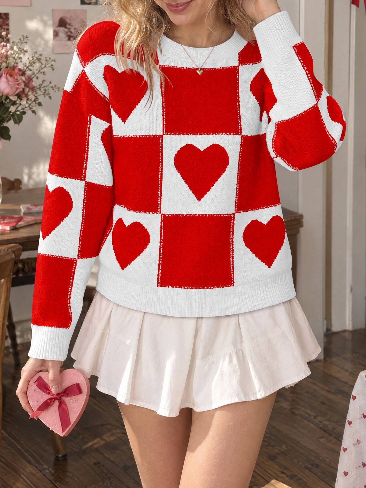 Saodimallsu Womens Heart Plaid Colorblock Crew Neck Long Sleeve Knit Pullover Sweater
