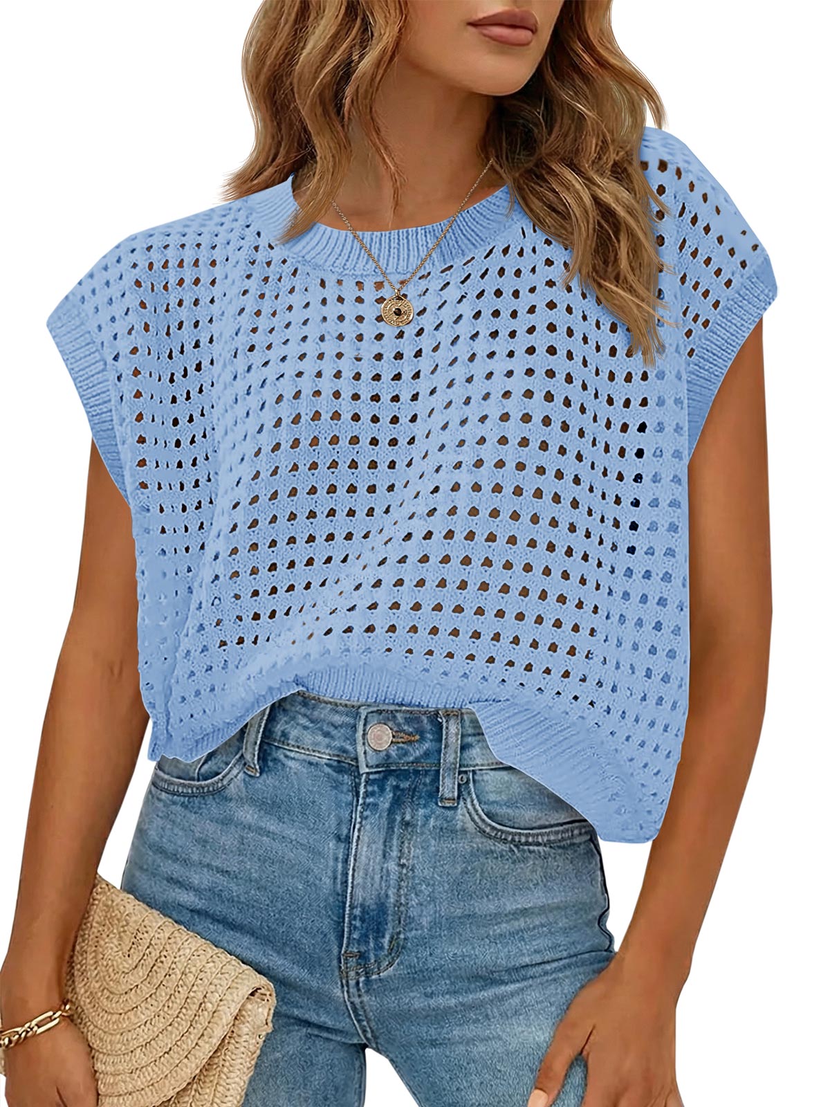 Saodimallsu Womens Summer Crochet Cap Sleeve Sweater Tops