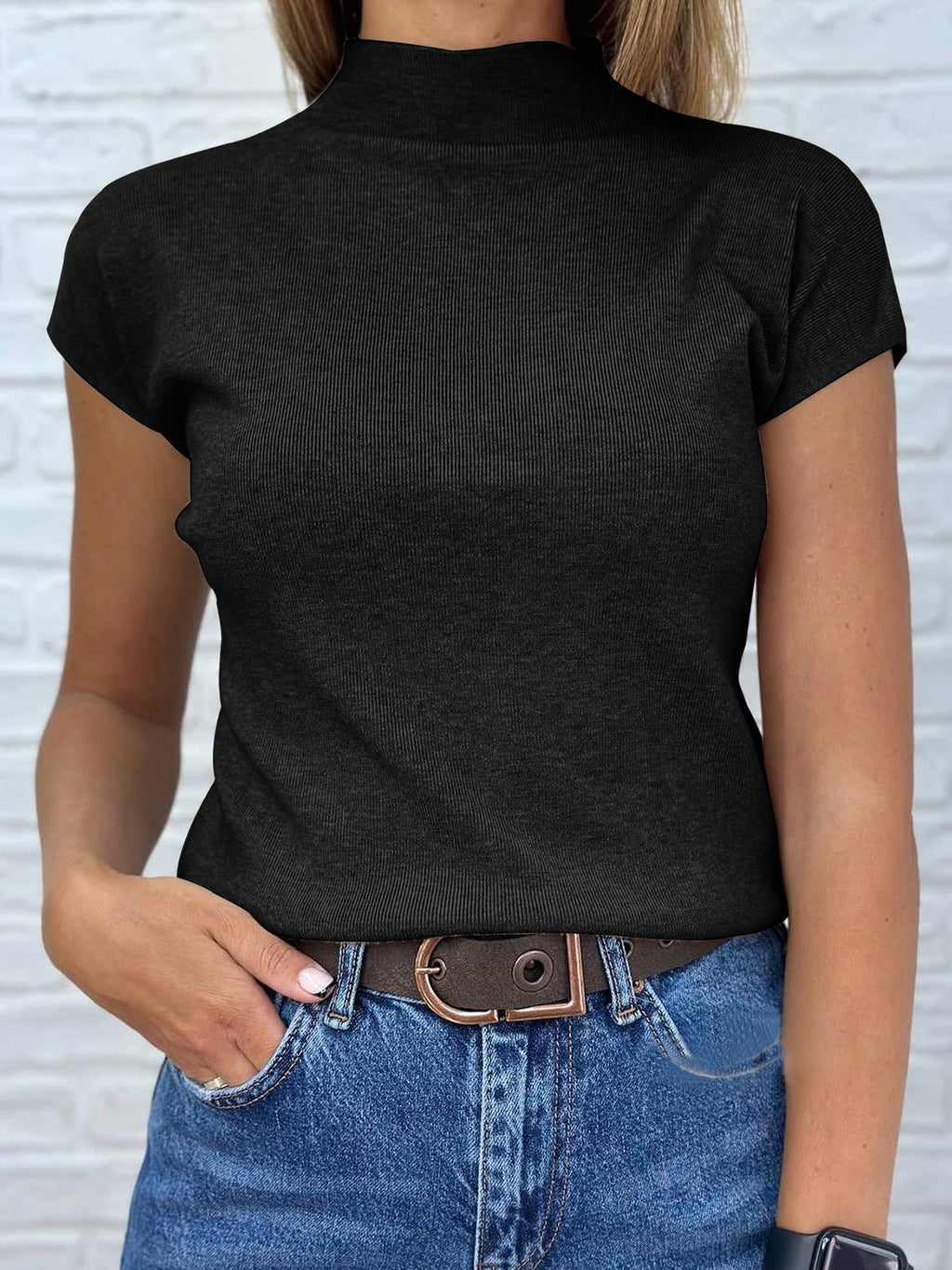 Saodimallsu Womens Mock Neck Short Sleeve Sweater