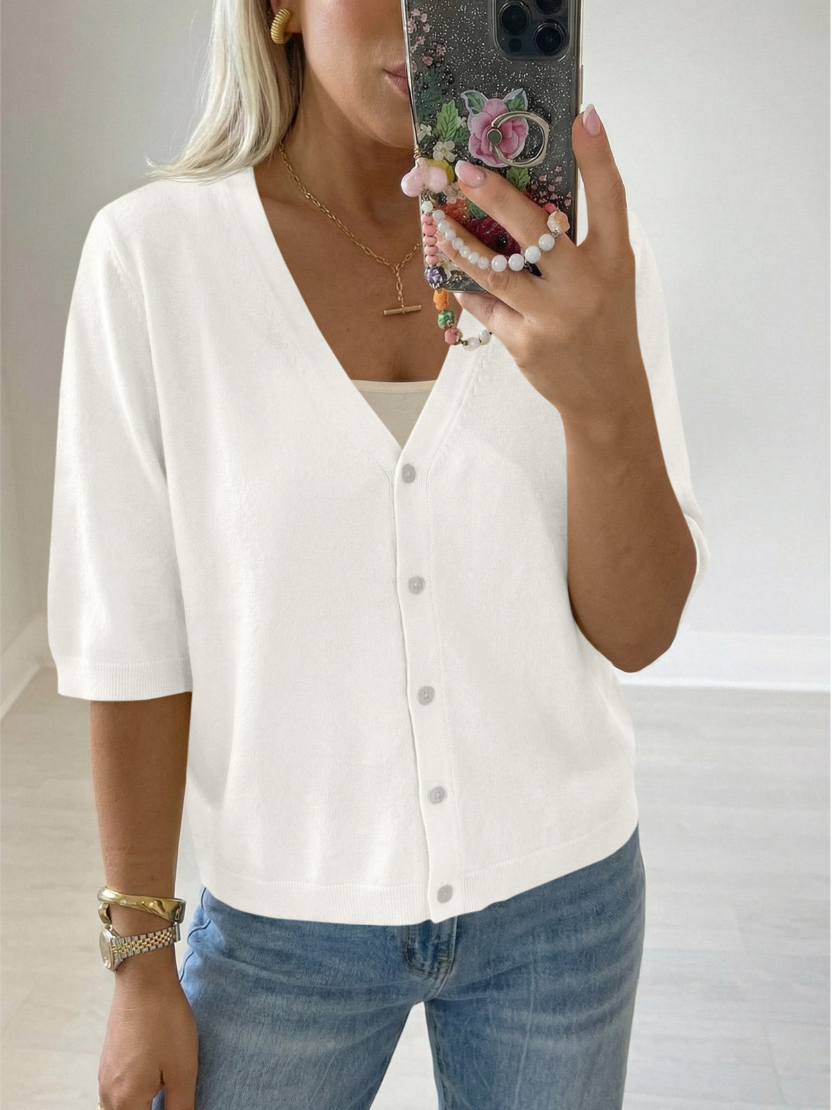 Womens Summer Lightweight V Neck Half Sleeve Knit Cardigans