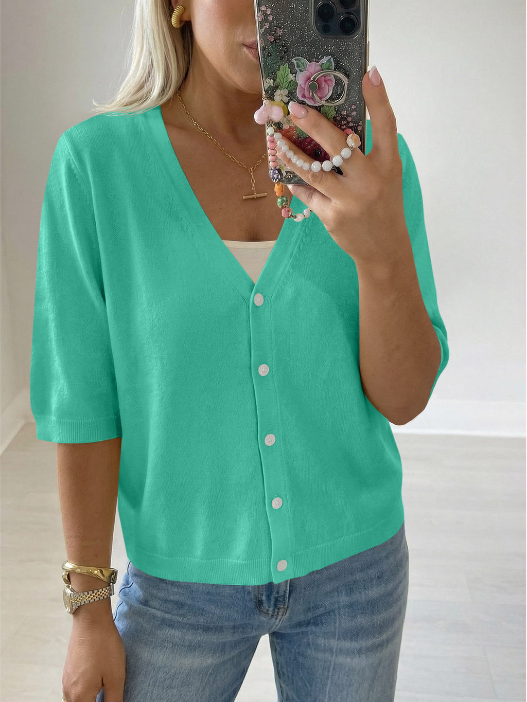 Womens Summer Lightweight V Neck Half Sleeve Knit Cardigans