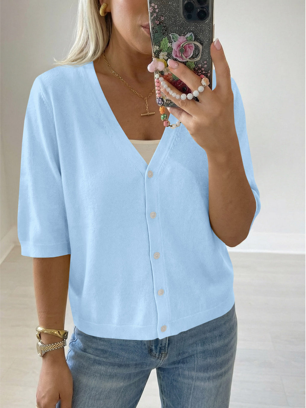 Womens Summer Lightweight V Neck Half Sleeve Knit Cardigans