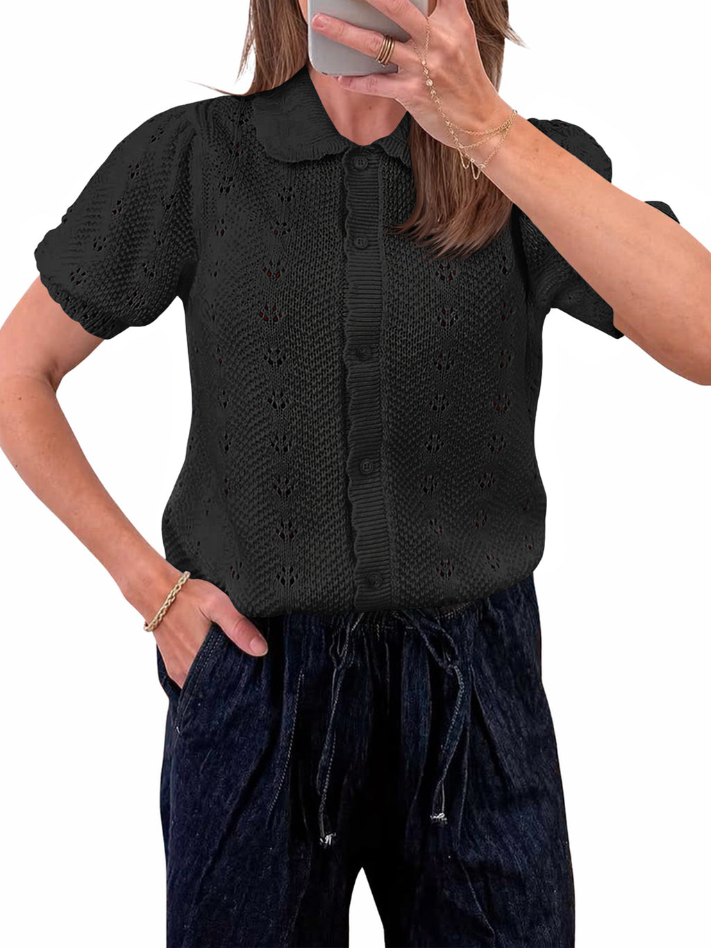 Saodimallsu Women Crochet Puff Sleeve Cardigan