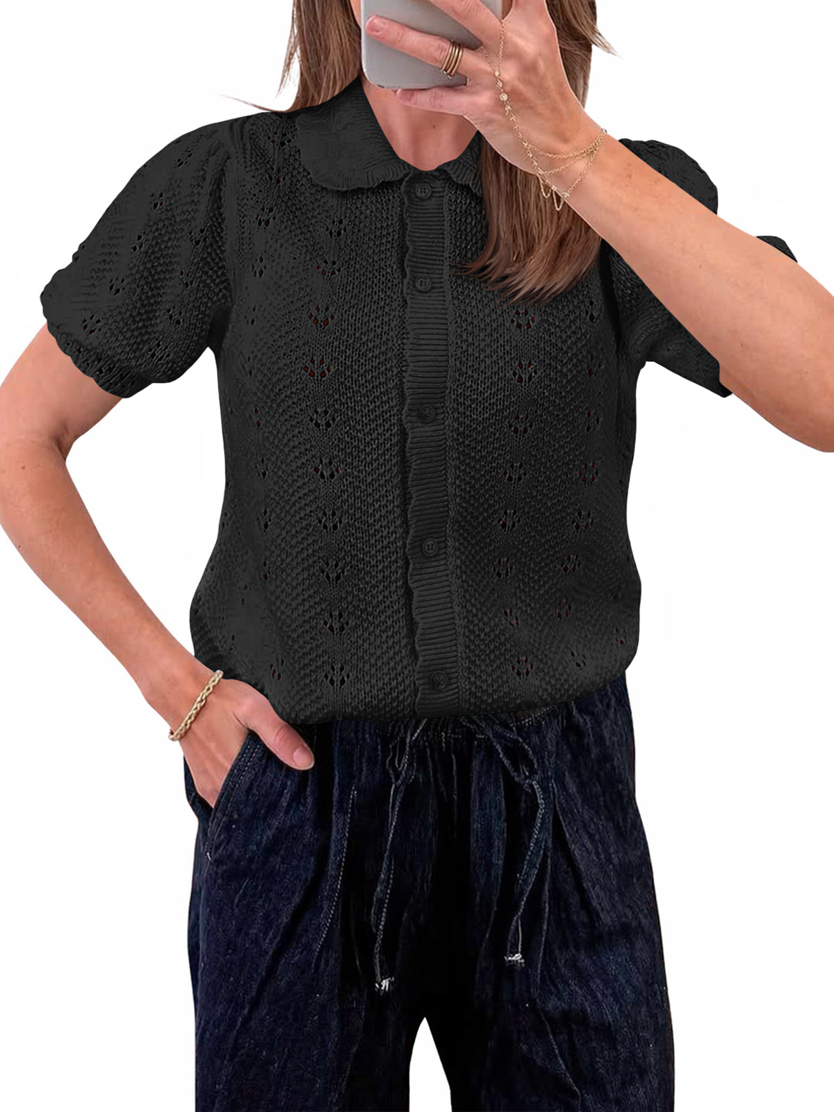 Saodimallsu Women Crochet Puff Sleeve Cardigan