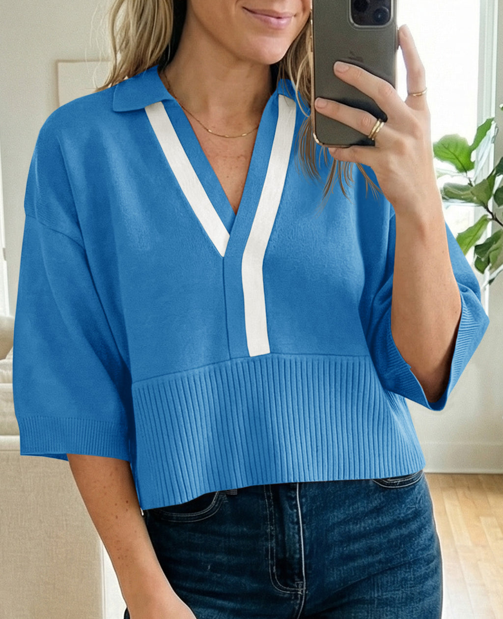 Saodimallsu Womens Color Block V Neck Sweater