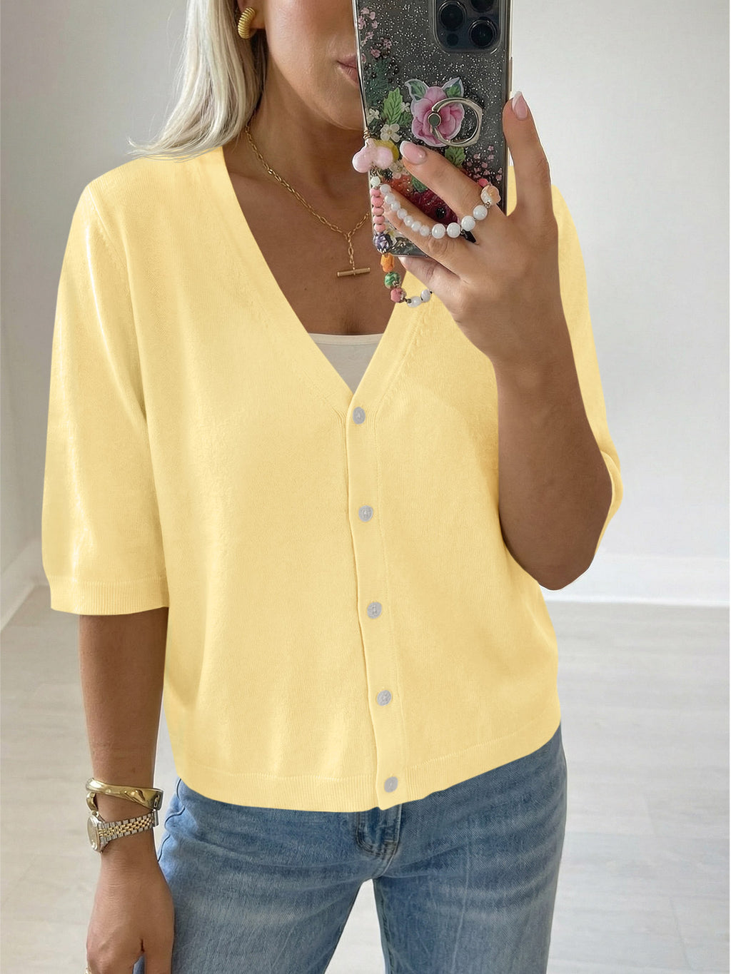 Womens Summer Lightweight V Neck Half Sleeve Knit Cardigans