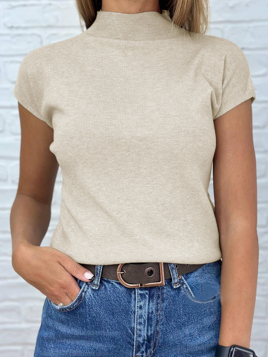 Saodimallsu Womens Mock Neck Short Sleeve Sweater