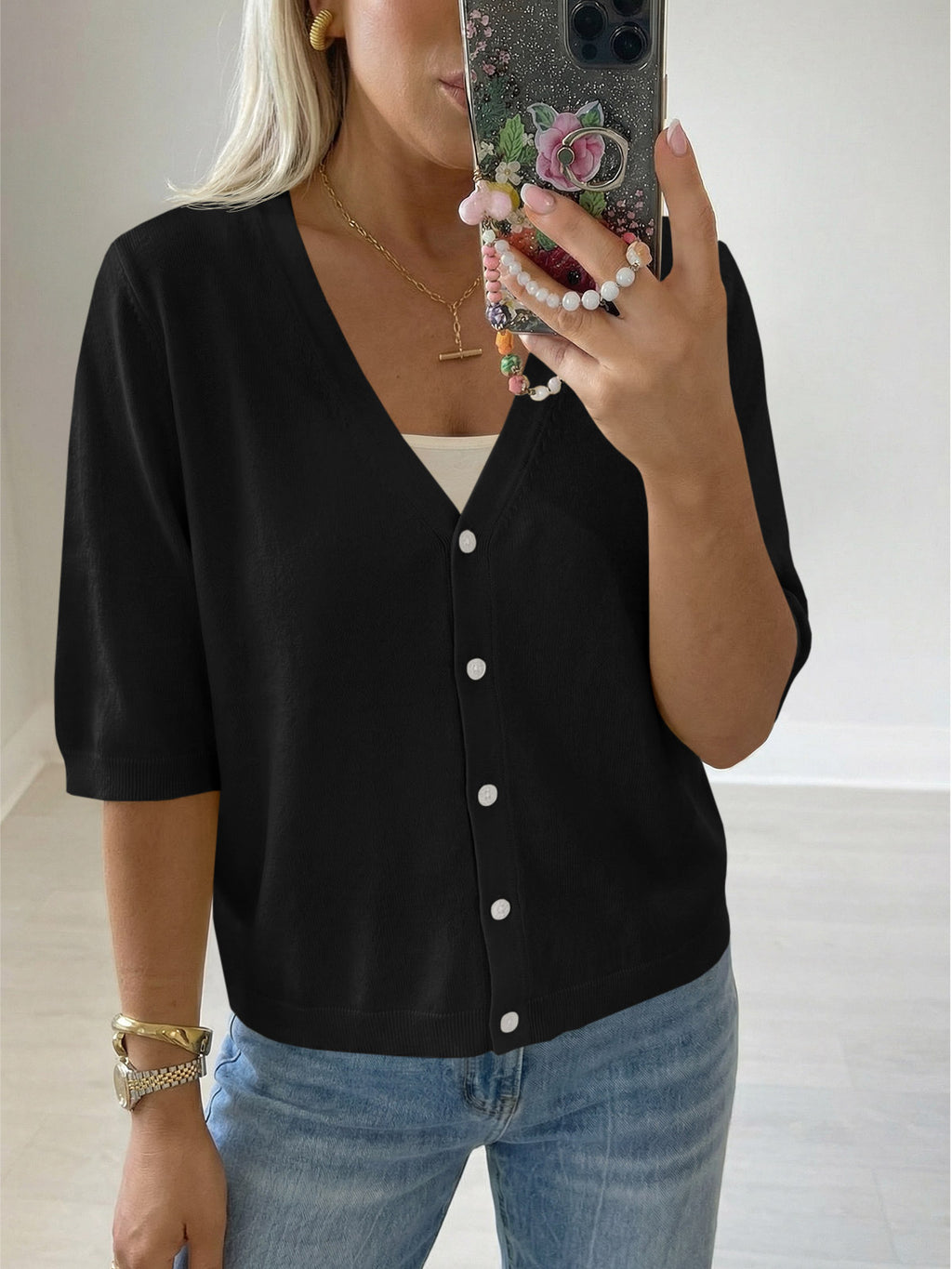 Womens Summer Lightweight V Neck Half Sleeve Knit Cardigans