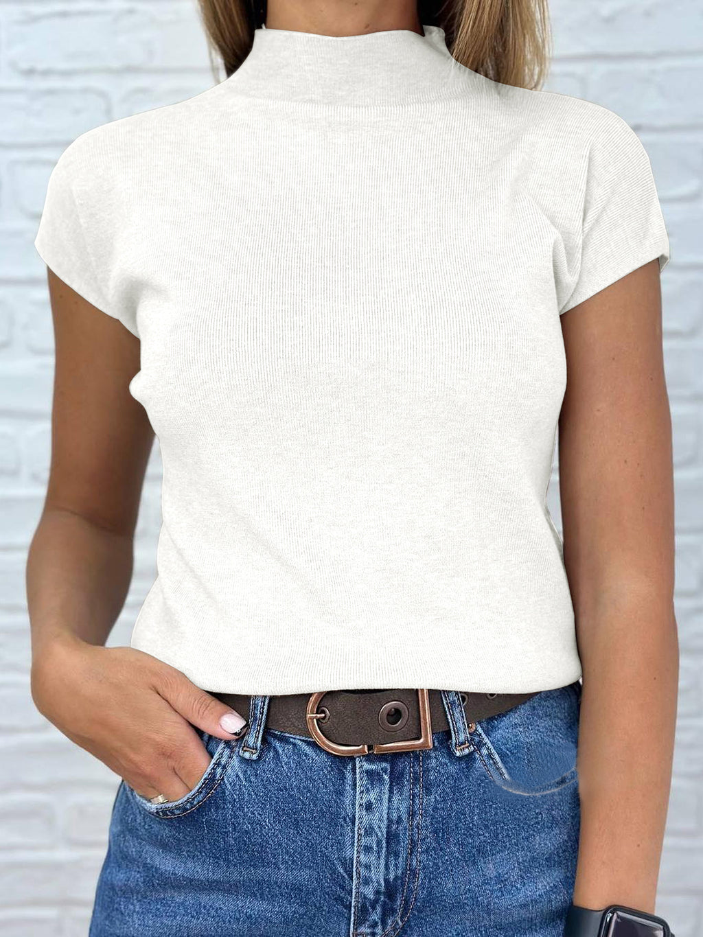 Saodimallsu Womens Mock Neck Short Sleeve Sweater