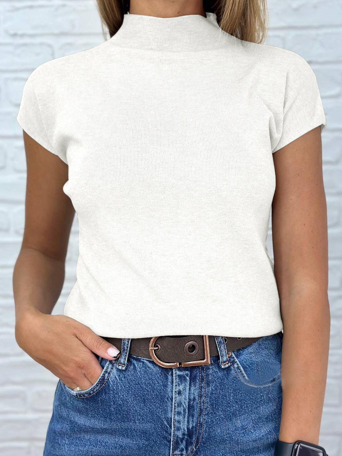 Saodimallsu Womens Mock Neck Short Sleeve Sweater