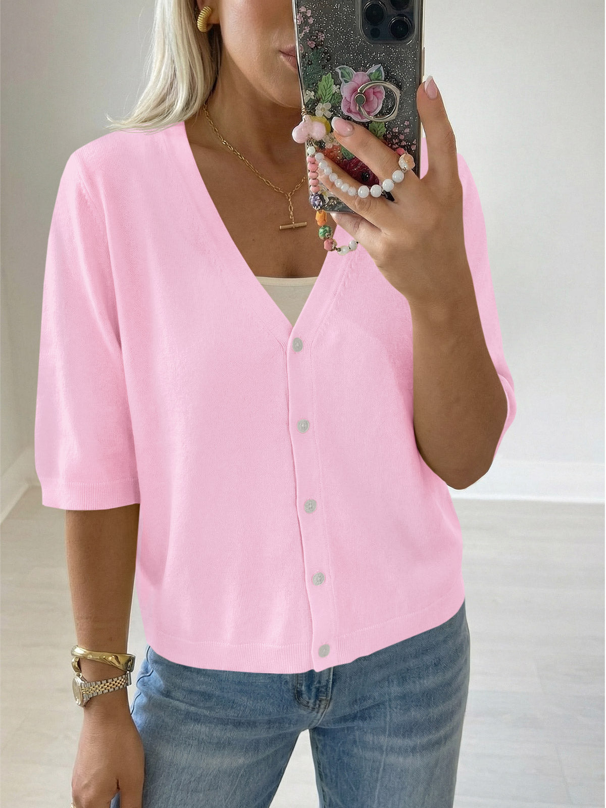 Womens Summer Lightweight V Neck Half Sleeve Knit Cardigans