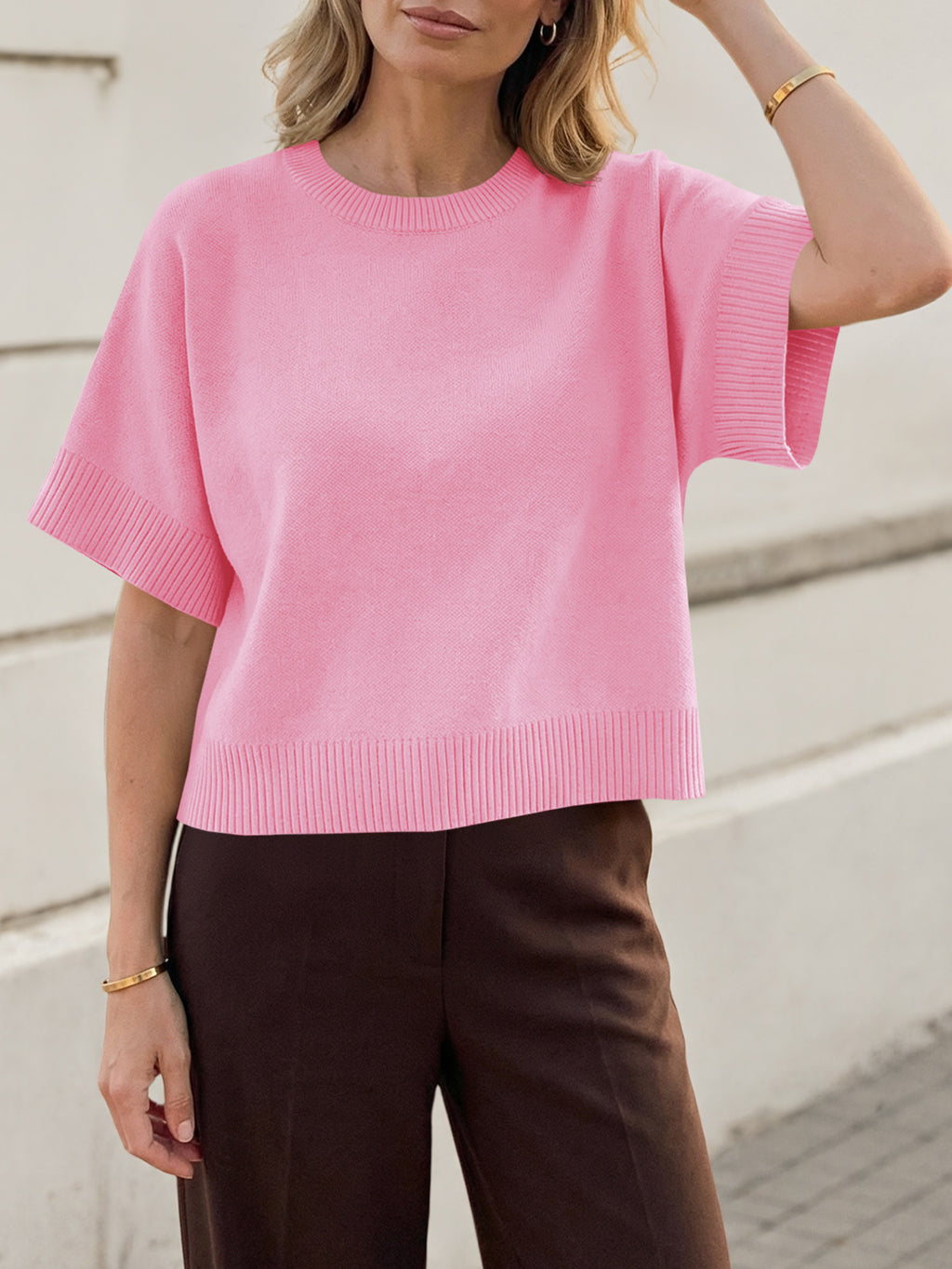 Saodimallsu Womens Short Sleeve Crew Neck Knit Sweater