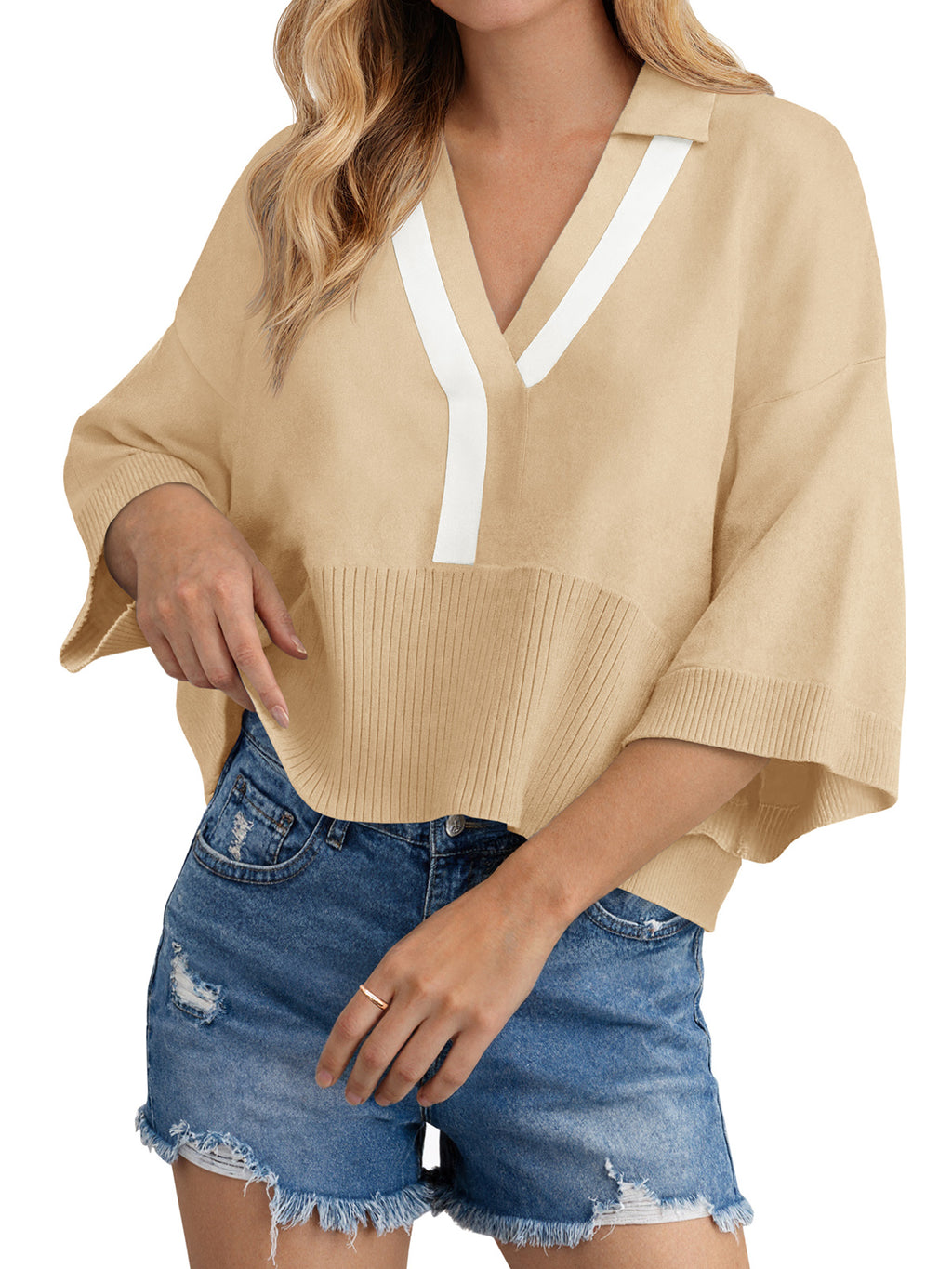 Saodimallsu Womens Color Block V Neck Sweater