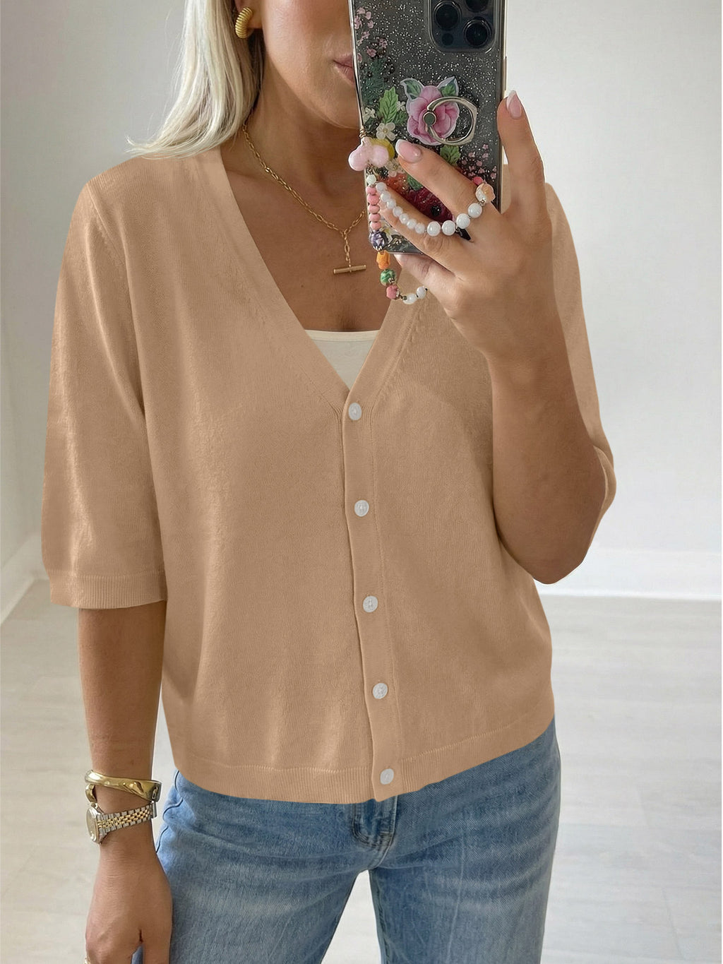 Womens Summer Lightweight V Neck Half Sleeve Knit Cardigans