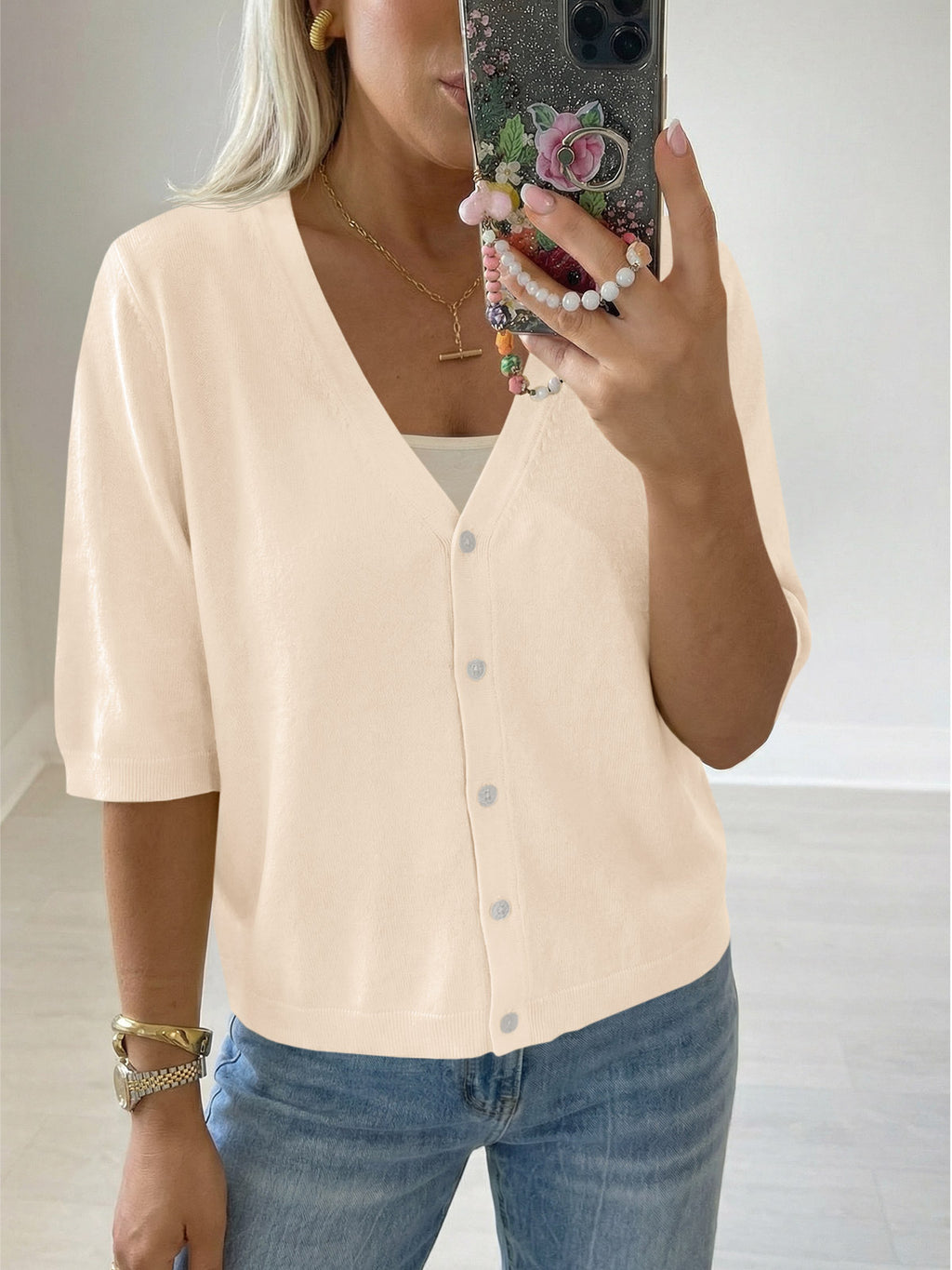 Womens Summer Lightweight V Neck Half Sleeve Knit Cardigans