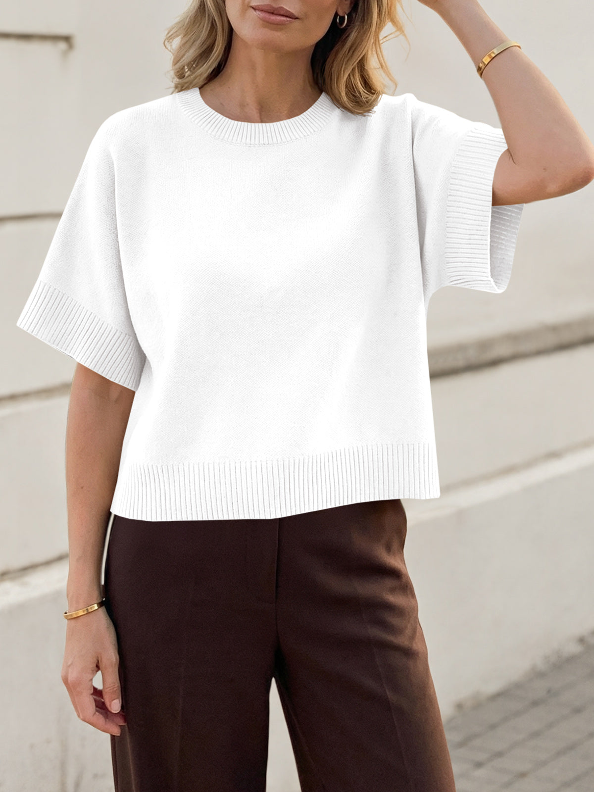 Saodimallsu Womens Short Sleeve Crew Neck Knit Sweater