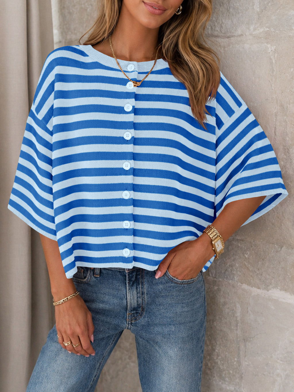 Saodimallsu Women Striped Cropped Cardigan