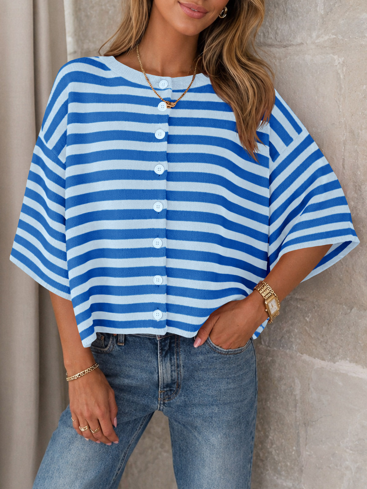 Saodimallsu Women Striped Cropped Cardigan