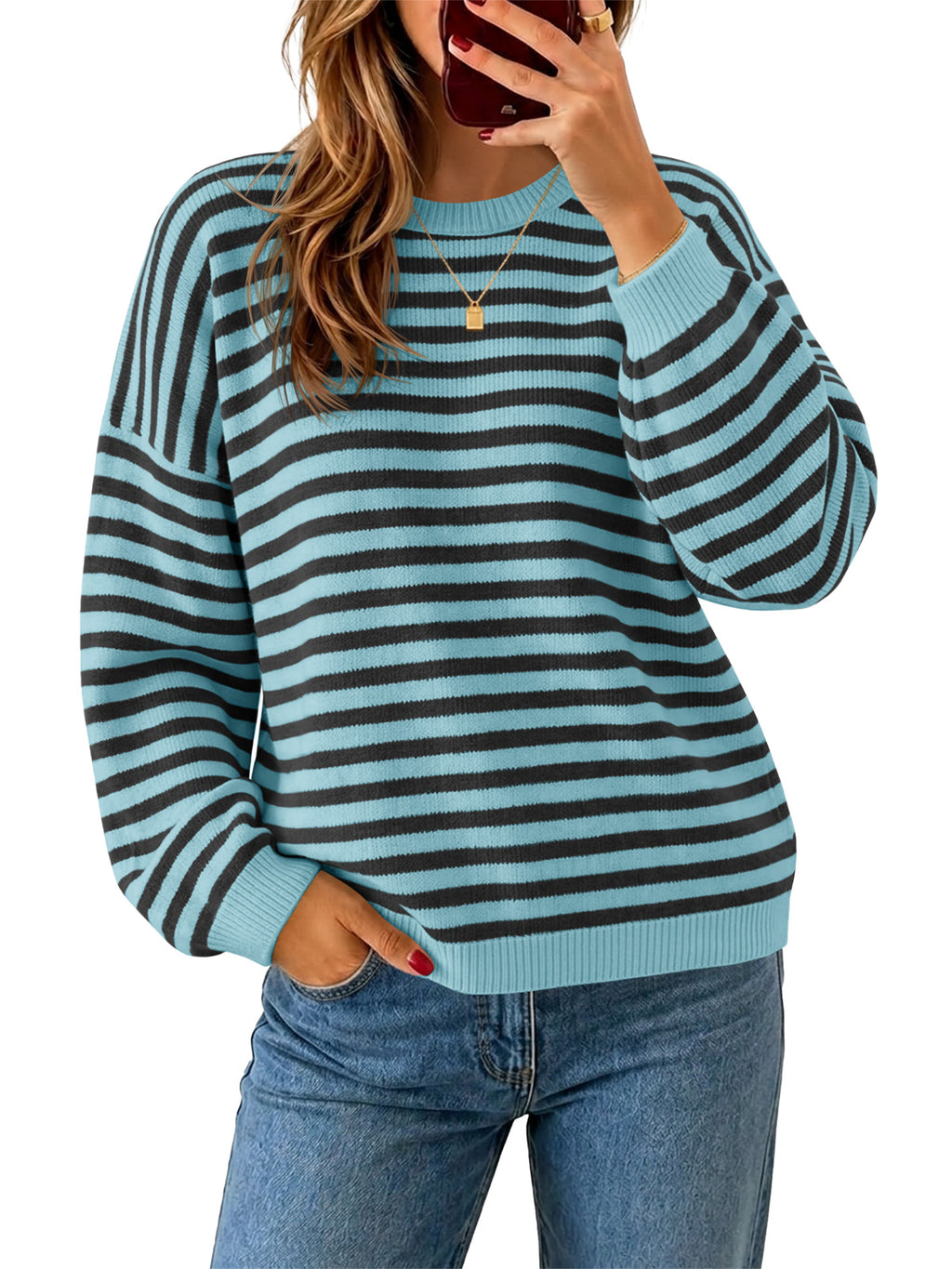 Saodimallsu Women Oversized Striped Crew Neck Pullover Sweater