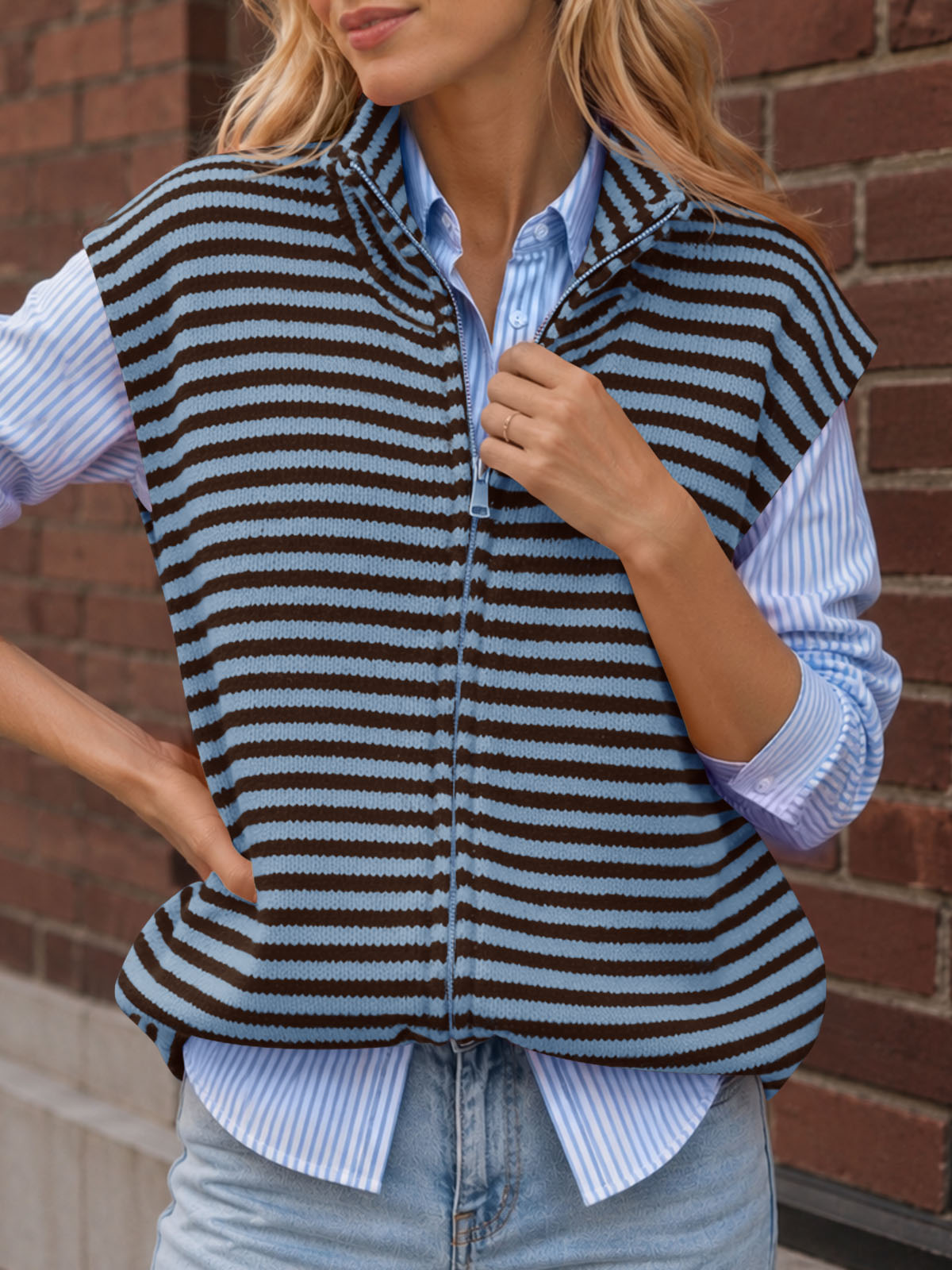 Saodimallsu Women Striped Zip Up Knit Cardigan
