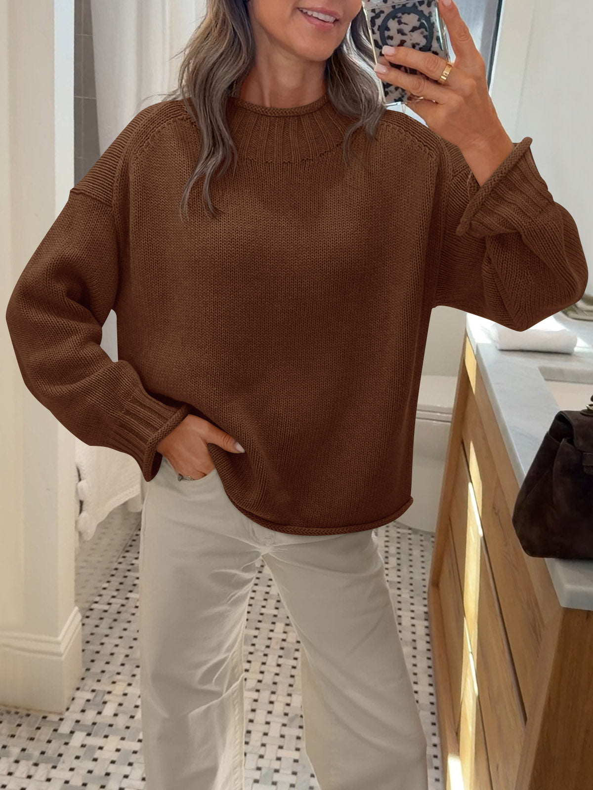 Saodimallsu Women Mock Neck Chunky Knit Tops