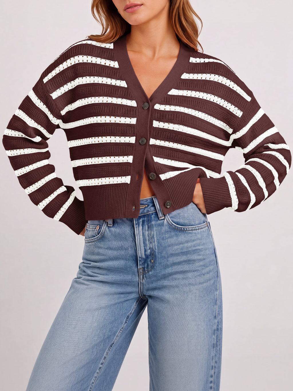 Saodimallsu Womens Striped Crochet Cardigan Tops