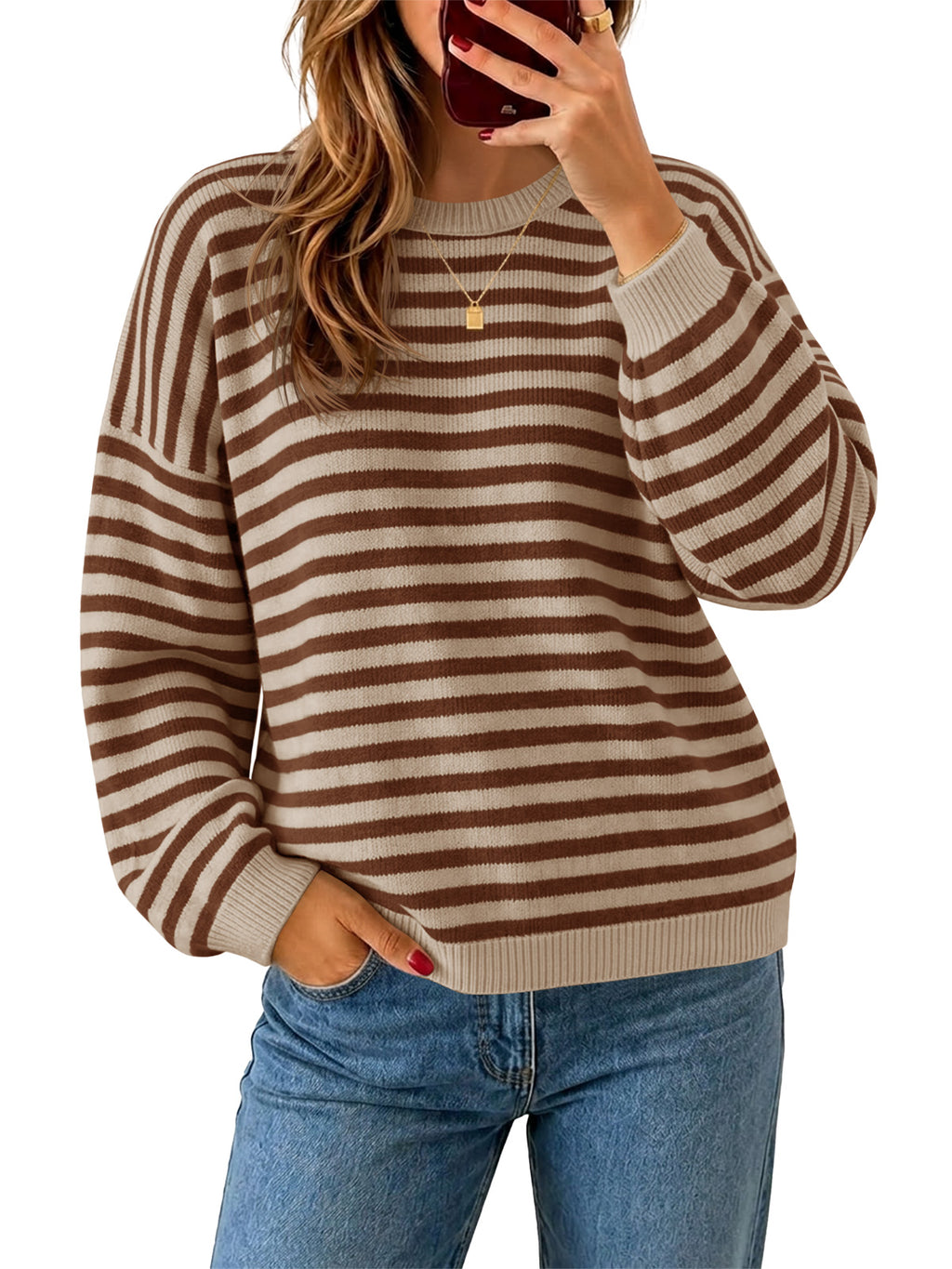 Saodimallsu Women Oversized Striped Crew Neck Pullover Sweater