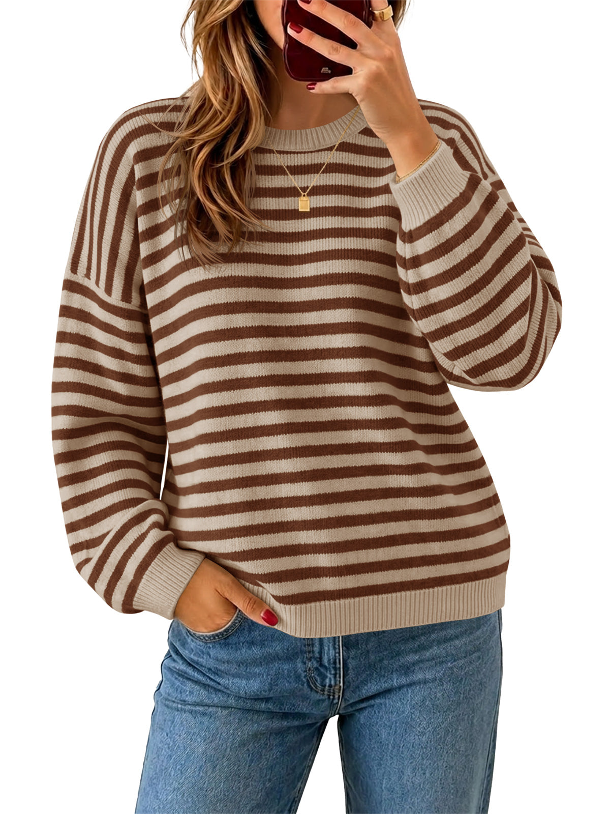Saodimallsu Women Oversized Striped Crew Neck Pullover Sweater