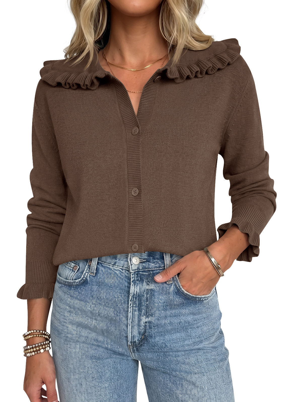 Saodimallsu Womens Ruffle Knit Cardigan