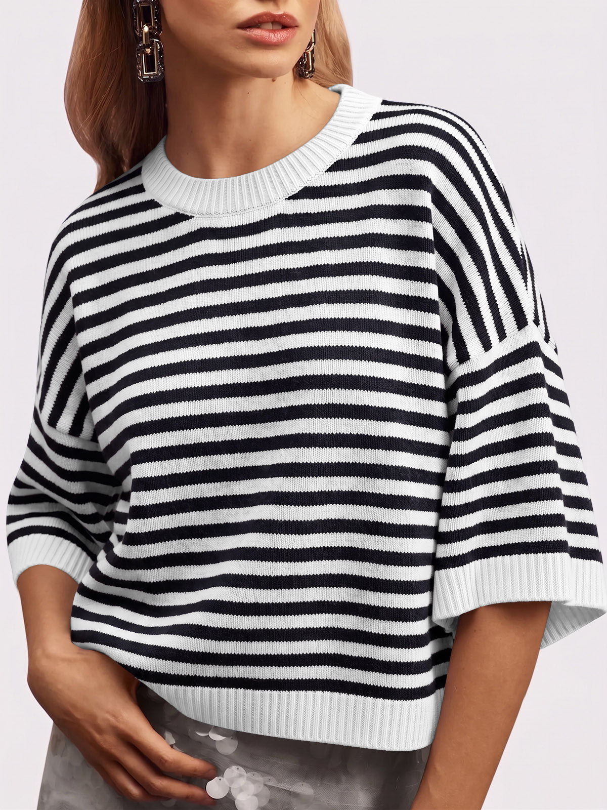 Saodimallsu Women Striped Short Sleeve Knit Top
