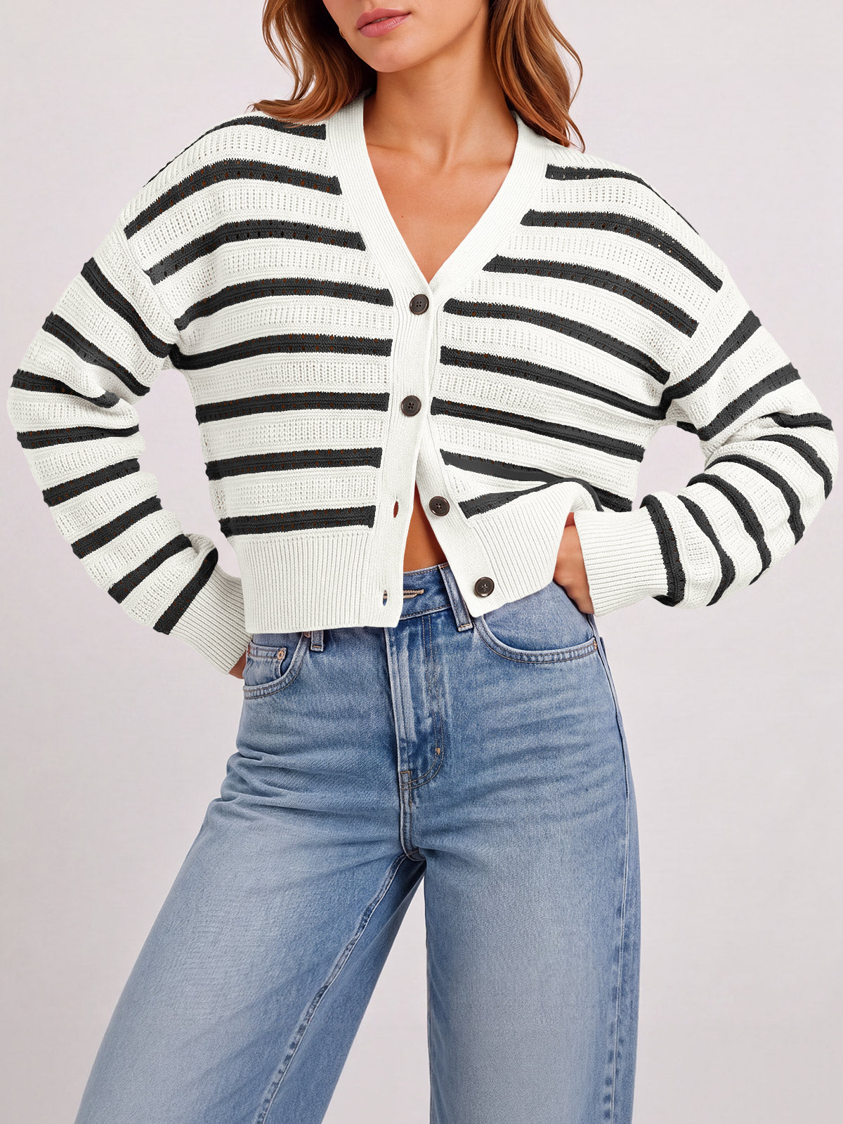 Saodimallsu Womens Striped Crochet Cardigan Tops