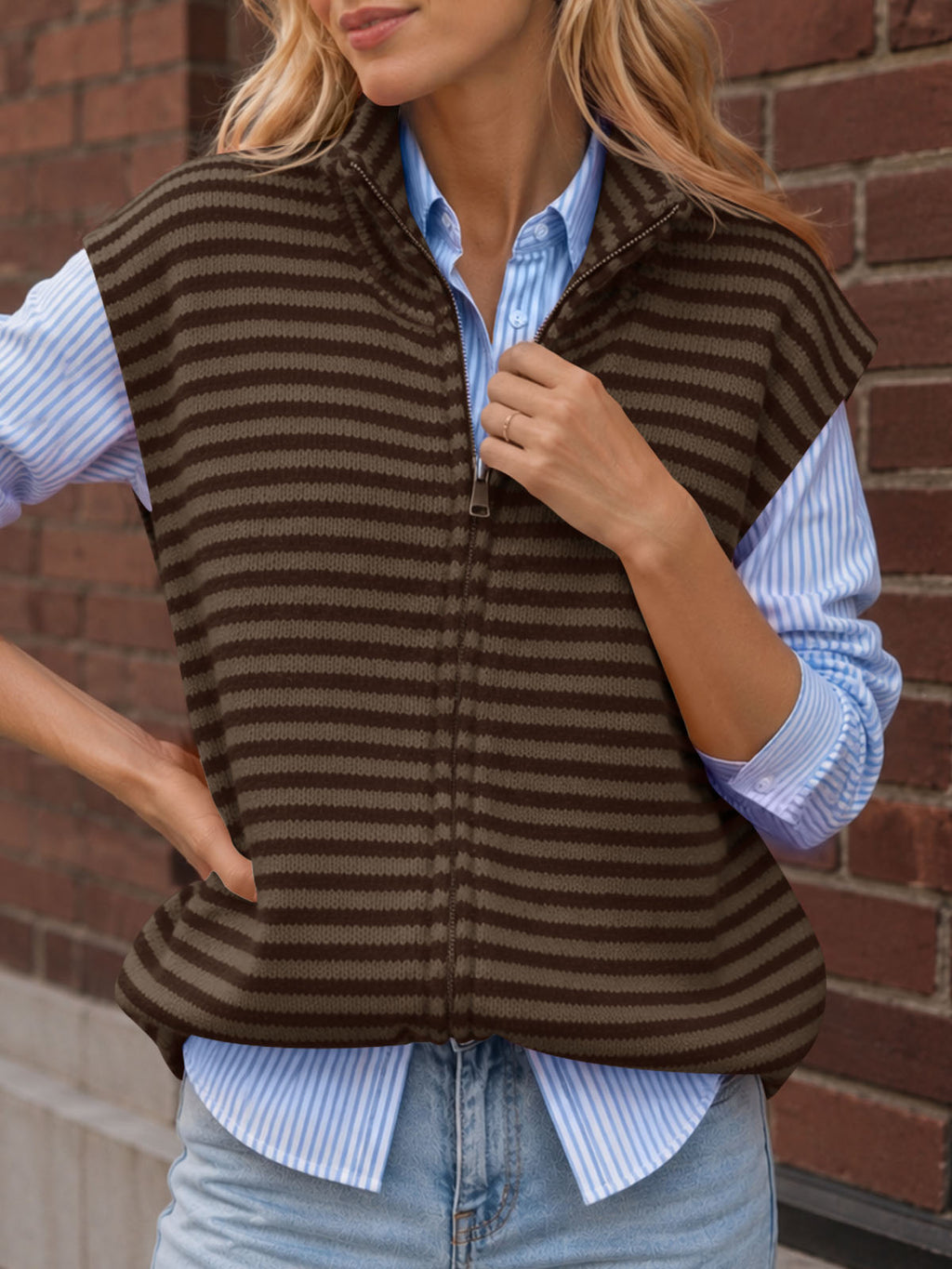 Saodimallsu Women Striped Zip Up Knit Cardigan