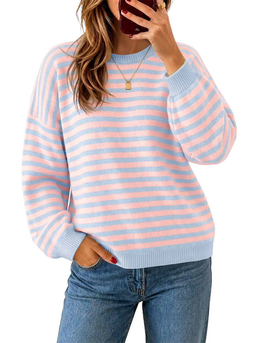Saodimallsu Women Oversized Striped Crew Neck Pullover Sweater
