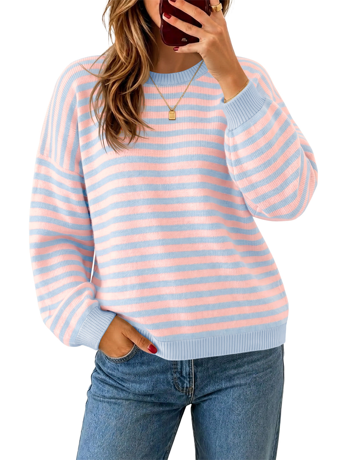 Saodimallsu Women Oversized Striped Crew Neck Pullover Sweater