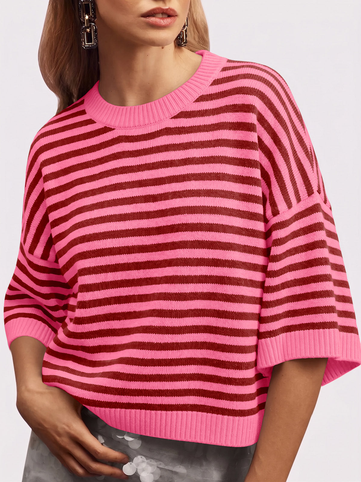 Saodimallsu Women Striped Short Sleeve Knit Top