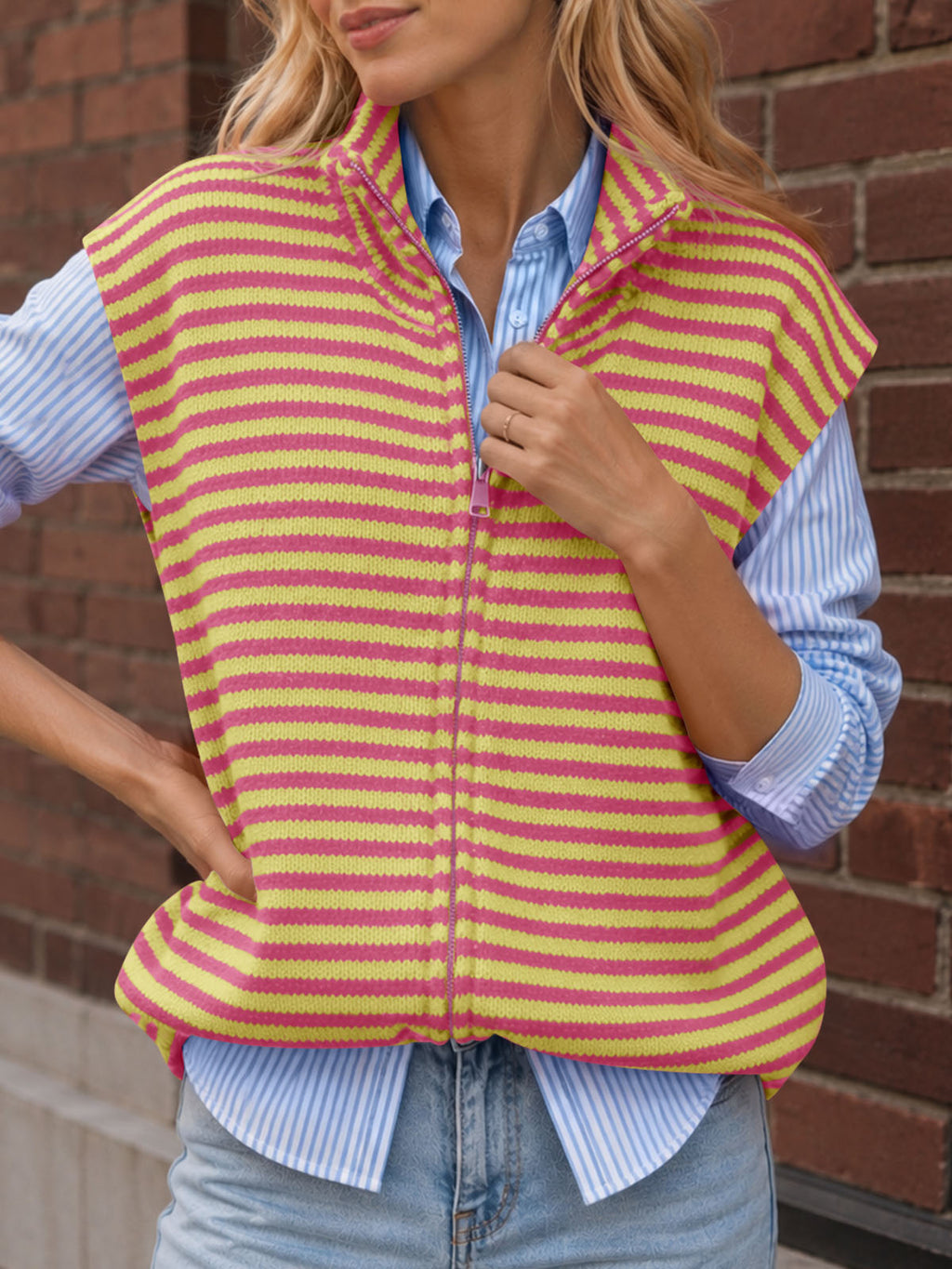 Saodimallsu Women Striped Zip Up Knit Cardigan