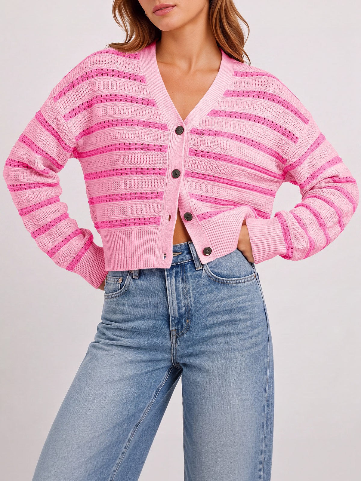 Saodimallsu Womens Striped Crochet Cardigan Tops