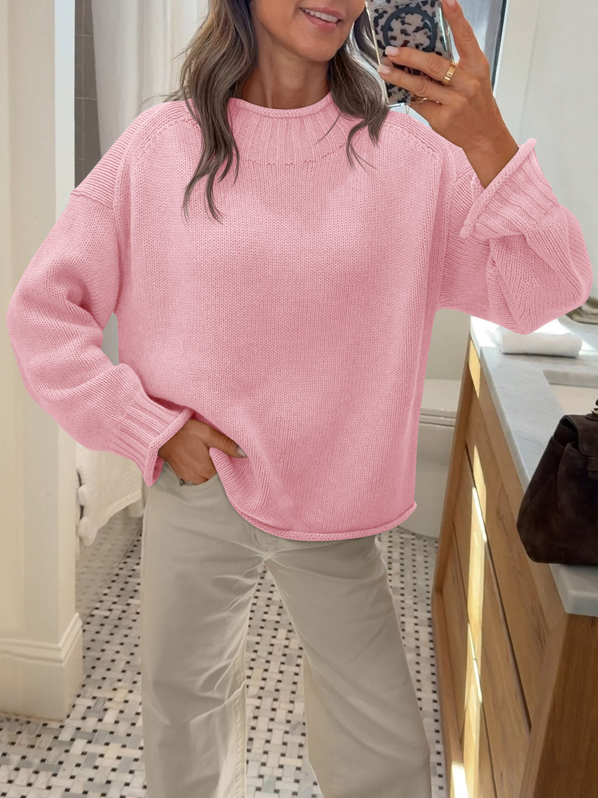 Saodimallsu Women Mock Neck Chunky Knit Tops