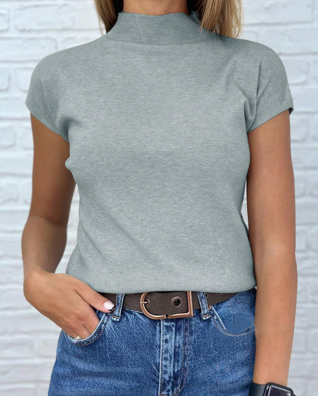 Saodimallsu Womens Mock Neck Short Sleeve Sweater