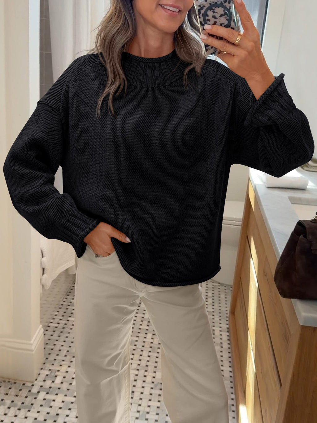 Saodimallsu Women Mock Neck Chunky Knit Tops