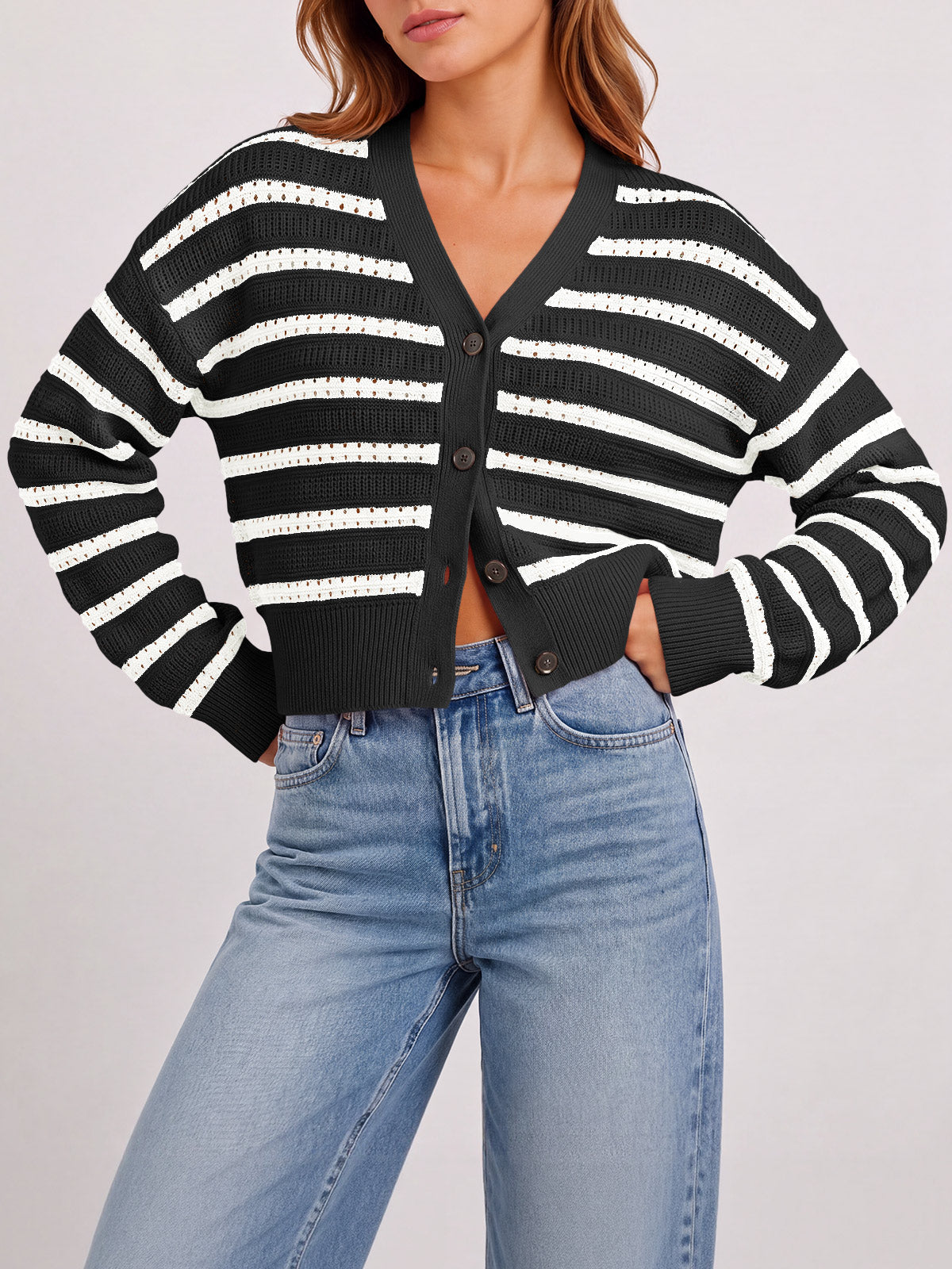 Saodimallsu Womens Striped Crochet Cardigan Tops