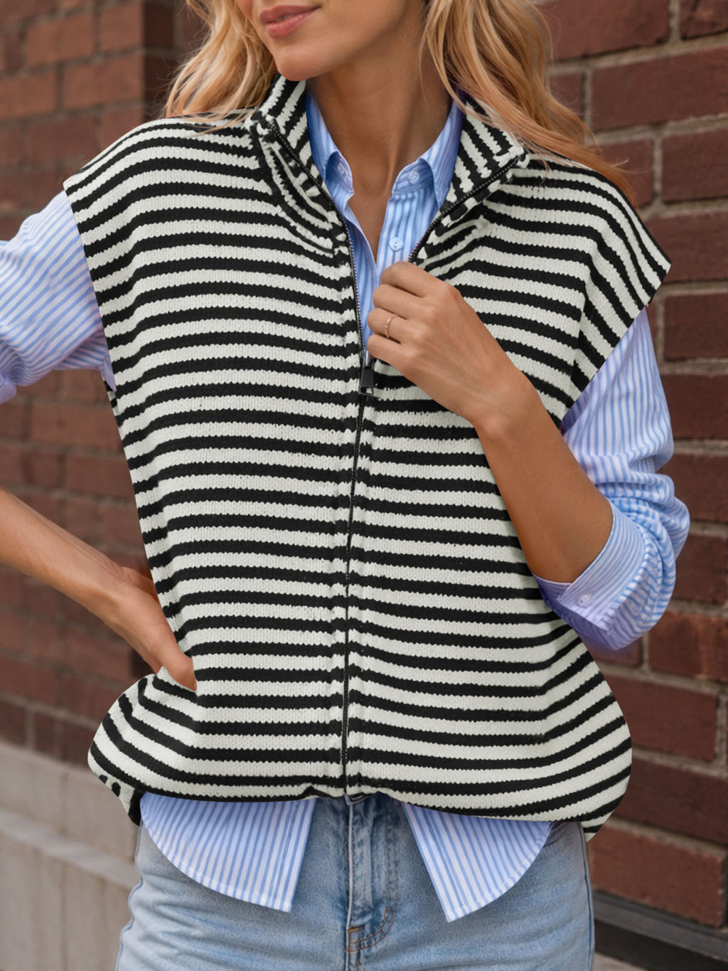 Saodimallsu Women Striped Zip Up Knit Cardigan