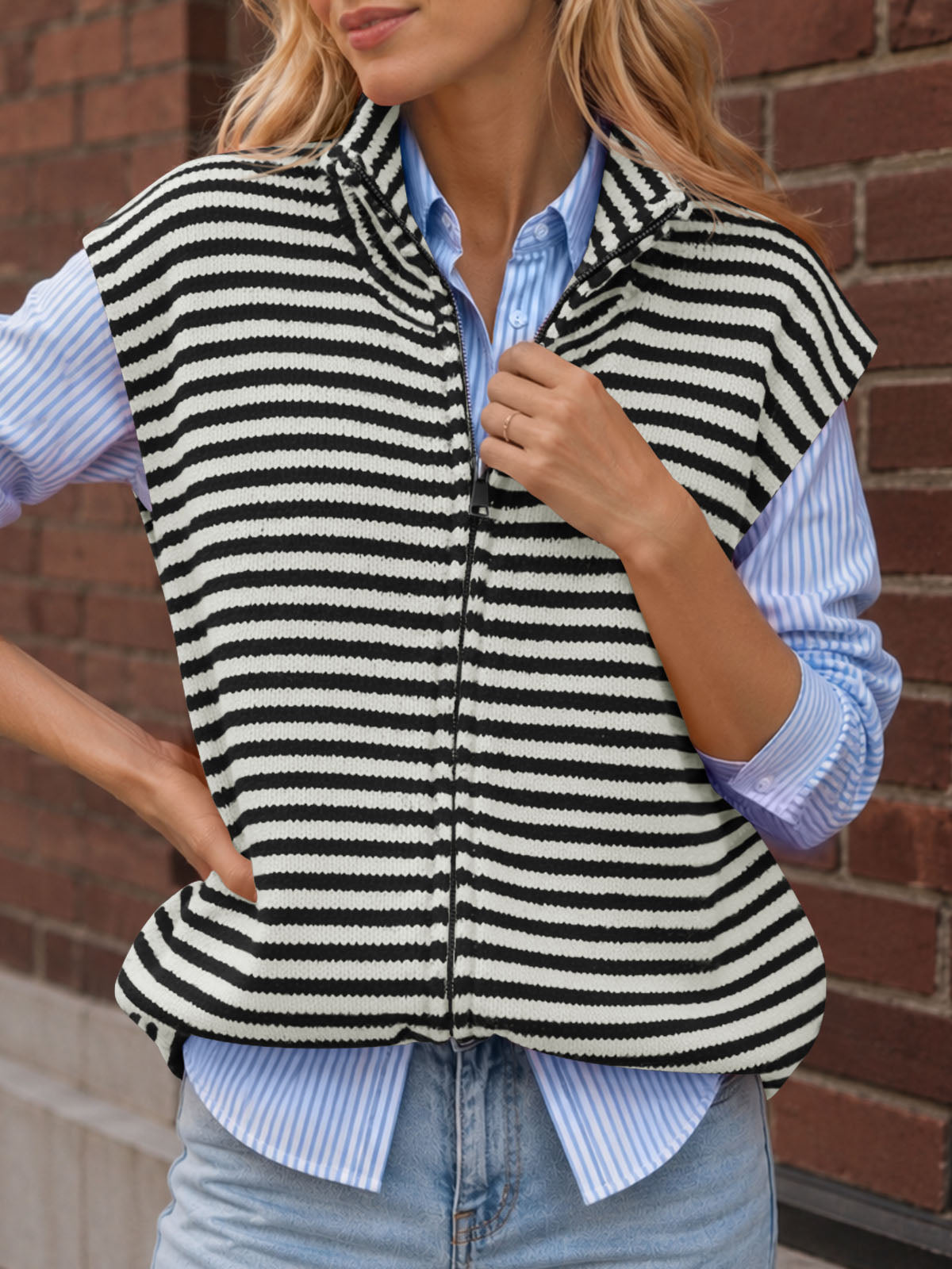 Saodimallsu Women Striped Zip Up Knit Cardigan