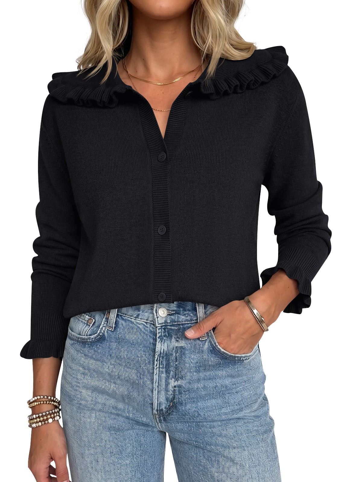 Saodimallsu Womens Ruffle Knit Cardigan