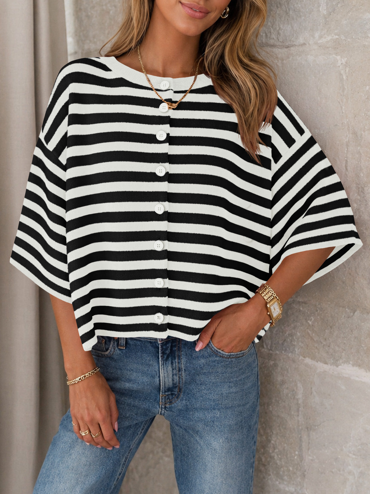 Saodimallsu Women Striped Cropped Cardigan