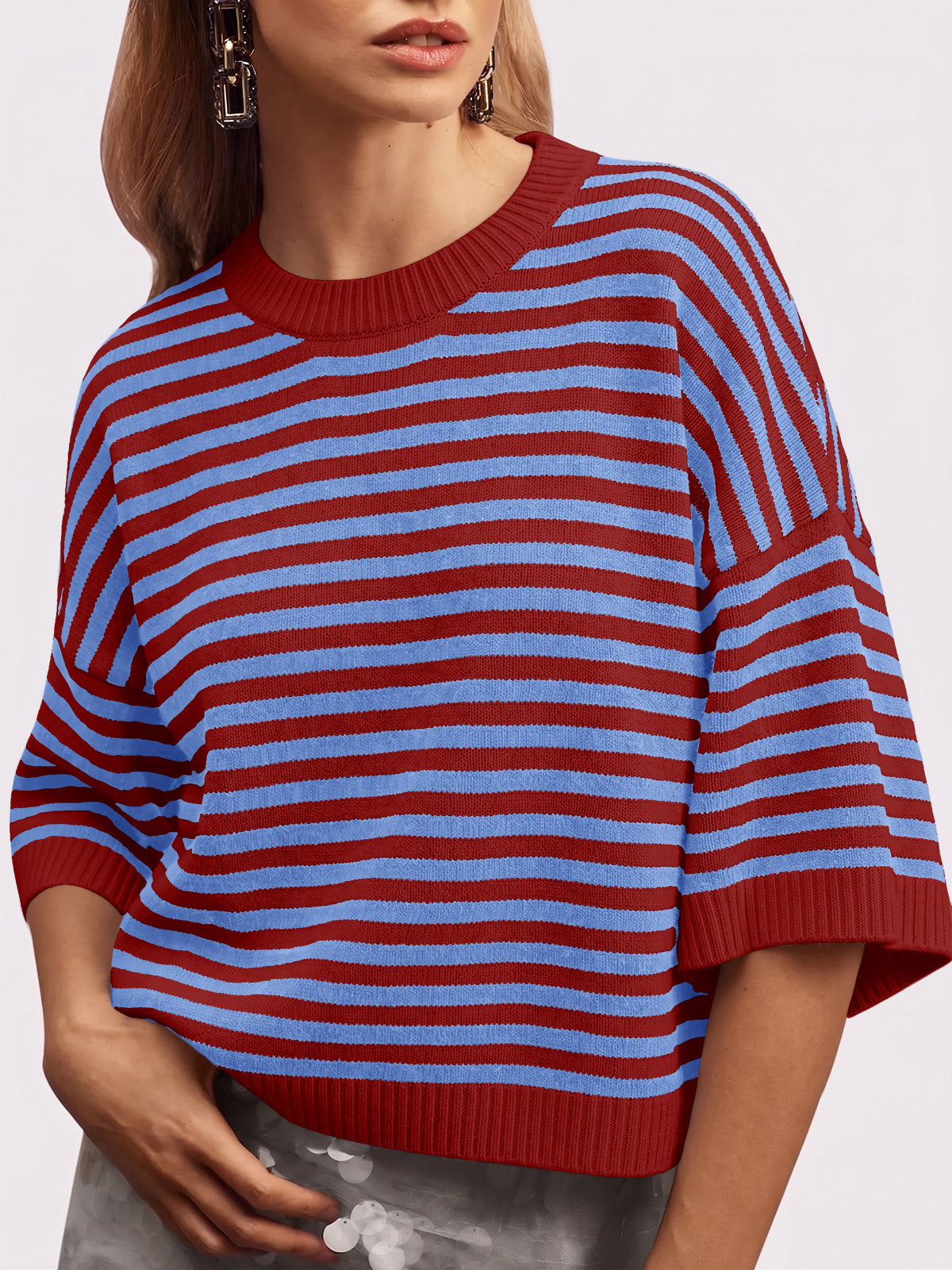 Saodimallsu Women Striped Short Sleeve Knit Top