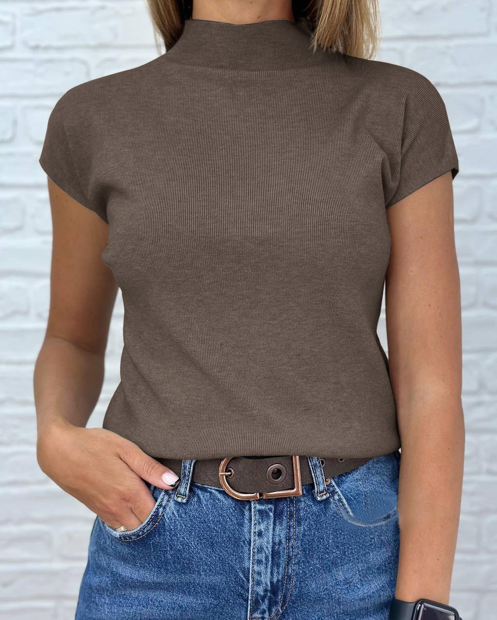 Saodimallsu Womens Mock Neck Short Sleeve Sweater