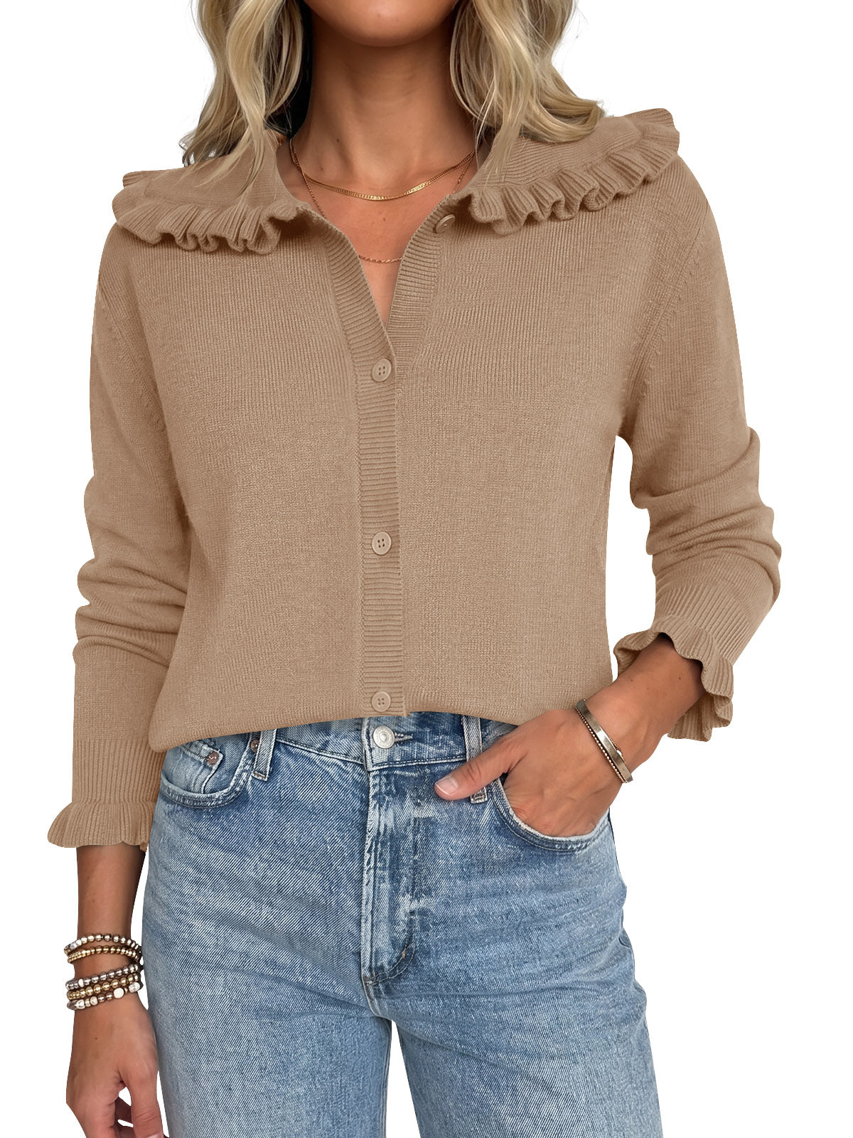 Saodimallsu Womens Ruffle Knit Cardigan