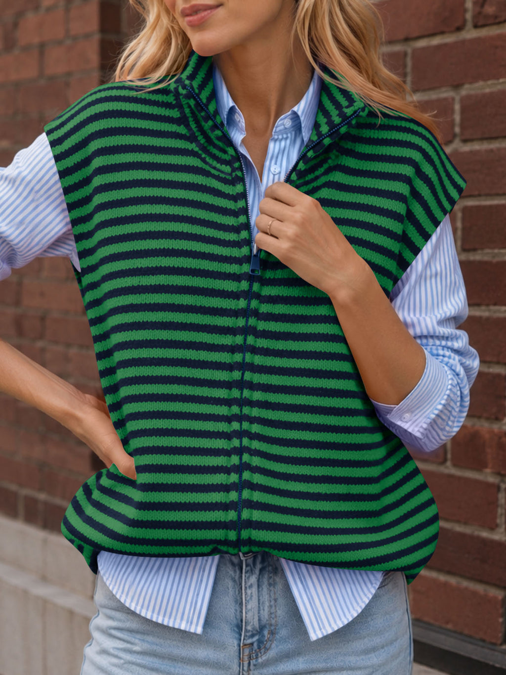 Saodimallsu Women Striped Zip Up Knit Cardigan