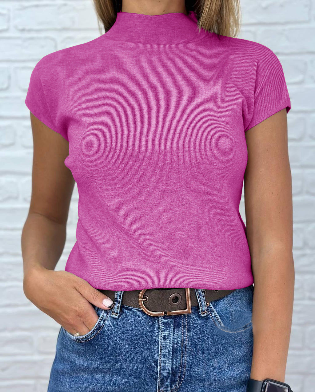 Saodimallsu Womens Mock Neck Short Sleeve Sweater
